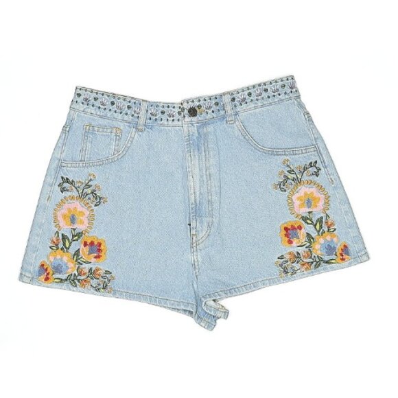 Farm Rio Summer Garden Embroidered Denim Shorts High-Waist Light Wash Size 30 - Picture 2 of 4